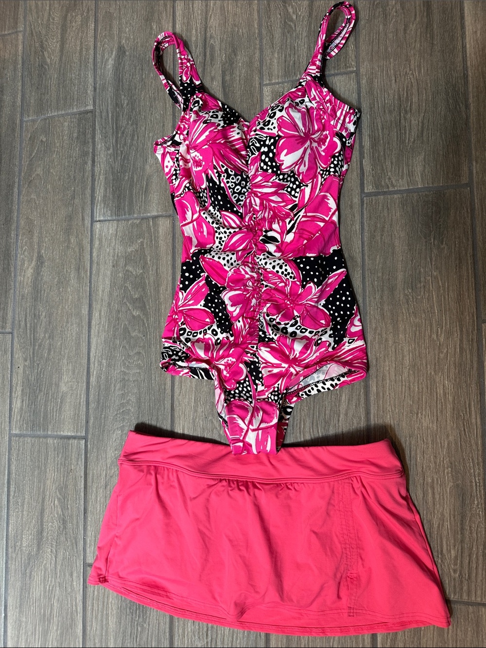 Maxine of Hollywood Hot Pink & Black Polka Dot Swim suit, one piece. Size 14